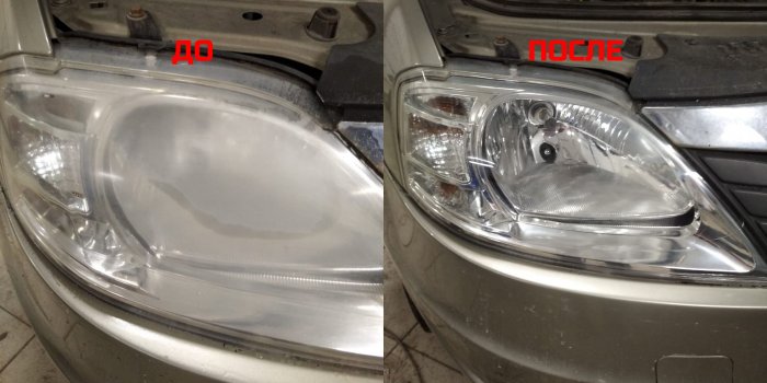 Полировка и бронирование фары Renault Logan. Фото до и после